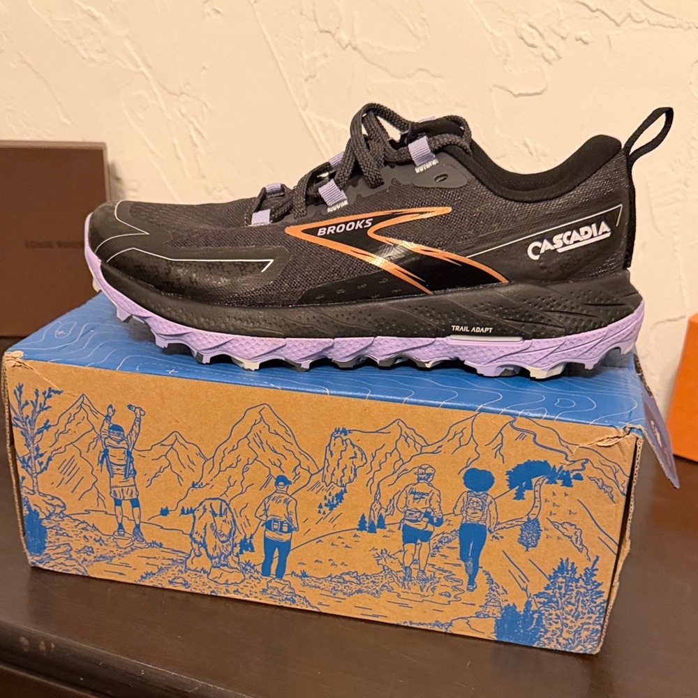 Brooks Cascadia Black with Purple and Orange Accents Women’s Trail Sneakers